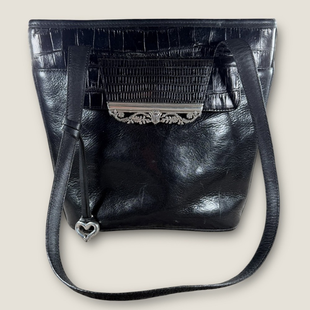 Brighton Black Leather Croc Embossed Shoulder Bag Ornate Silver Heart Vintage